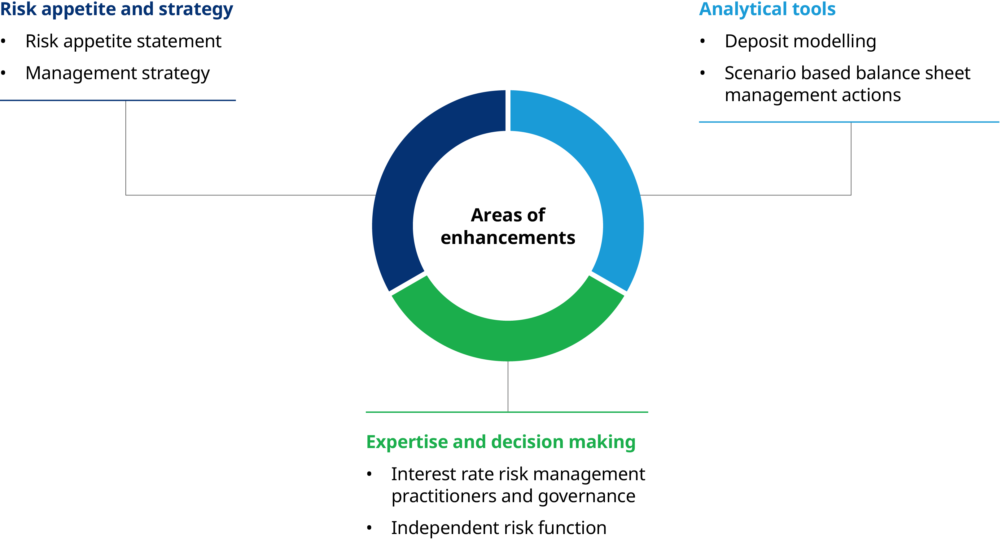 Pie chart showing risk appetite and strategy, analytical tools, and expertise for decision making, as equality important areas of enhancements.